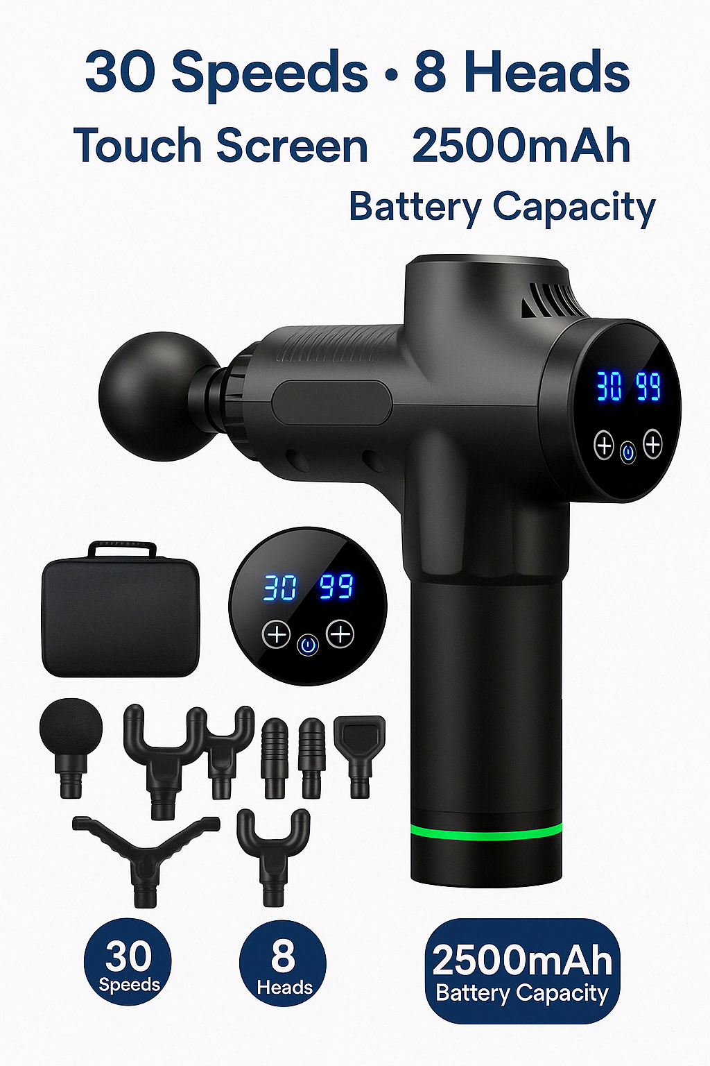 Professional Massage Gun - 30 Speeds/8 Heads - Touch Screen