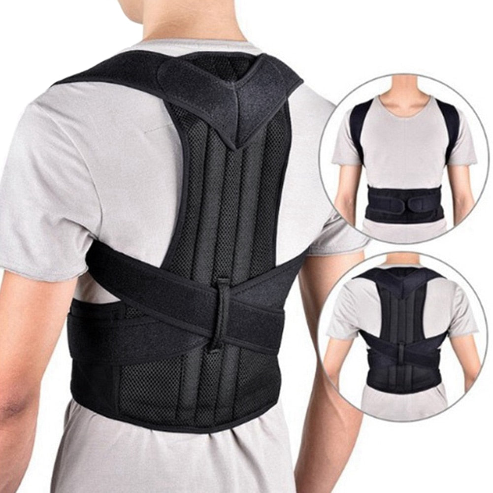 A posture corrector device worn over clothing, consisting of a black strap system designed to pull back the shoulders and realign the clavicle bone. The main image shows the back view of the device, with additional images demonstrating the front and side views.